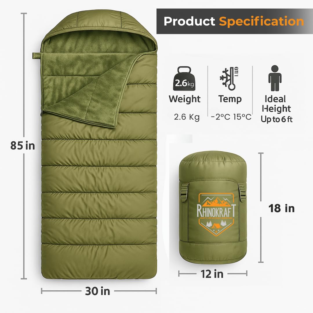 RhinoKraft -10 Degree | Soft Fur Lining | Extra Large Size | 2.4 Kg Weight | Soft and Warm Sleeping Bag for Adventure | Camping, Trekking and Outdoor Activity