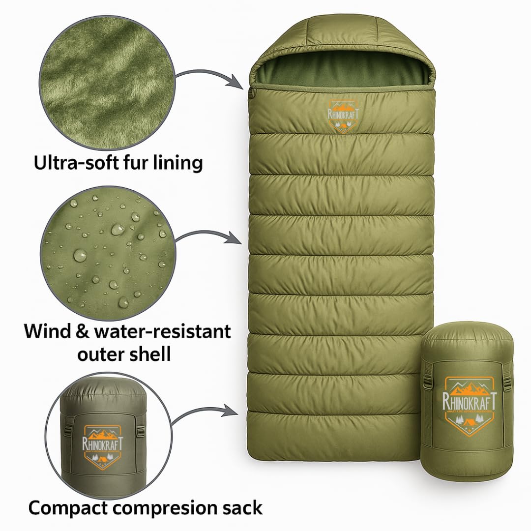 RhinoKraft -10 Degree | Soft Fur Lining | Extra Large Size | 2.4 Kg Weight | Soft and Warm Sleeping Bag for Adventure | Camping, Trekking and Outdoor Activity