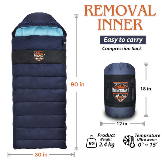 RhinoKraft Detachable Anti Fleece Sleeping Bag ! 0 to 15 Degree Celsius! 2.4 Kg | RK-PUNCH-NBLU