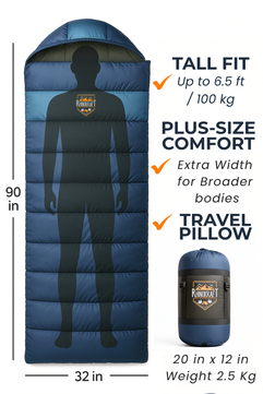 RhinoKraft Sleeping Bag for Adults | Fits Up to 6.5ft | Waterproof, Anti-Pill Fleece, Hollow Fiber Fill | 0°C to 18°C | Hood, Travel Pillow & Compression Sack | for Camping, Trekking & Hiking