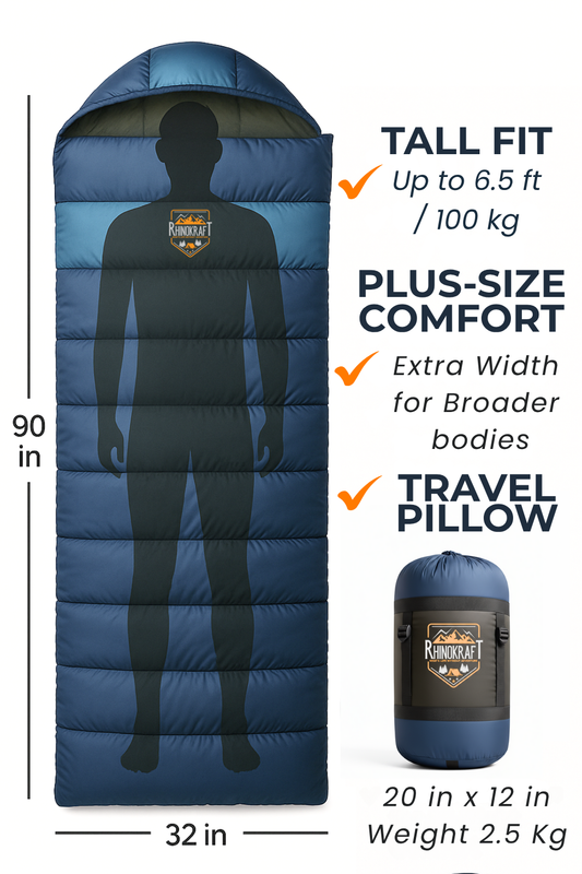 RhinoKraft Sleeping Bag for Adults | Fits Up to 6.5ft | Waterproof, Anti-Pill Fleece, Hollow Fiber Fill | 0°C to 18°C | Hood, Travel Pillow & Compression Sack | for Camping, Trekking & Hiking