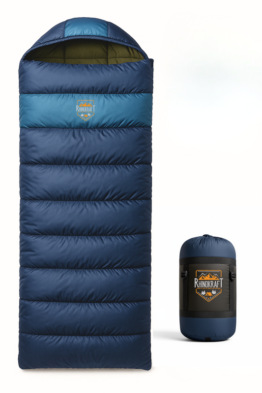 RhinoKraft Sleeping Bag for Adults | Fits Up to 6.5ft | Waterproof, Anti-Pill Fleece, Hollow Fiber Fill | 0°C to 18°C | Hood, Travel Pillow & Compression Sack | for Camping, Trekking & Hiking