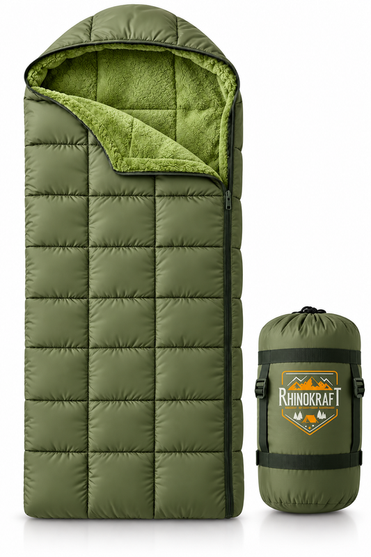RhinoKraft Arctic Series Sleeping Bag for Adults | -10°C Winter Camping Sleeping Bag with Detachable Fur Liner | Heavy-Duty 3.2 kg Rectangular Design | Water-Resistant Butter Nylon | 6.5 ft Height Fit