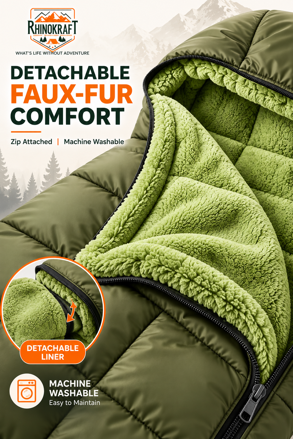 RhinoKraft Arctic Series Sleeping Bag for Adults | -10°C Winter Camping Sleeping Bag with Detachable Fur Liner | Heavy-Duty 3.2 kg Rectangular Design | Water-Resistant Butter Nylon | 6.5 ft Height Fit