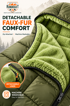 RhinoKraft Arctic Series Sleeping Bag for Adults | -10°C Winter Camping Sleeping Bag with Detachable Fur Liner | Heavy-Duty 3.2 kg Rectangular Design | Water-Resistant Butter Nylon | 6.5 ft Height Fit