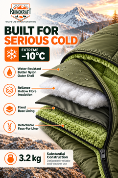 RhinoKraft Arctic Series Sleeping Bag for Adults | -10°C Winter Camping Sleeping Bag with Detachable Fur Liner | Heavy-Duty 3.2 kg Rectangular Design | Water-Resistant Butter Nylon | 6.5 ft Height Fit