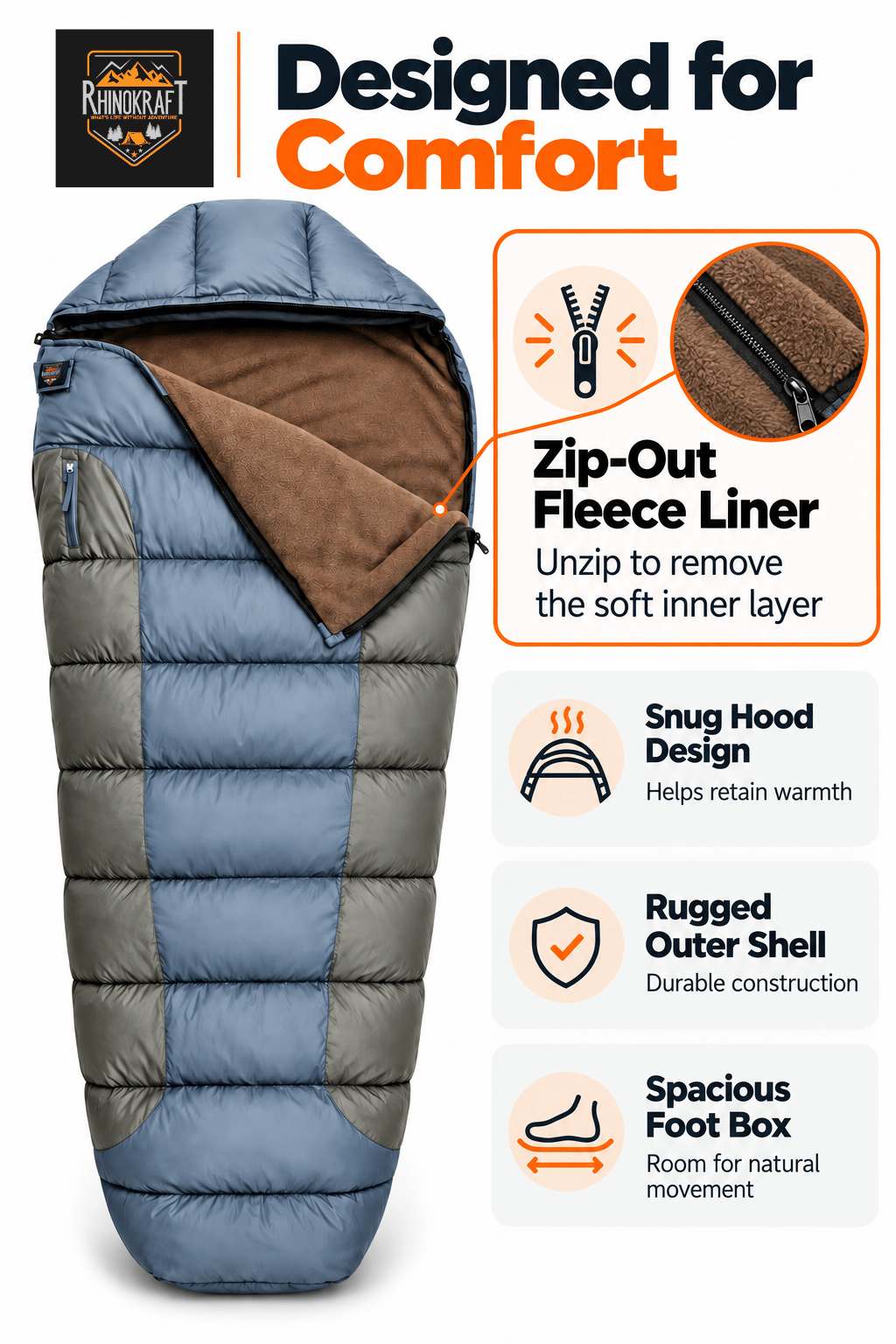 RhinoKraft -10°C Extreme | Anti-Pilling Fleece Liner | Extra-Large 6.5 ft Mummy Sleeping Bag | Warm, Durable & Portable for Camping, Trekking & Outdoor Adventure