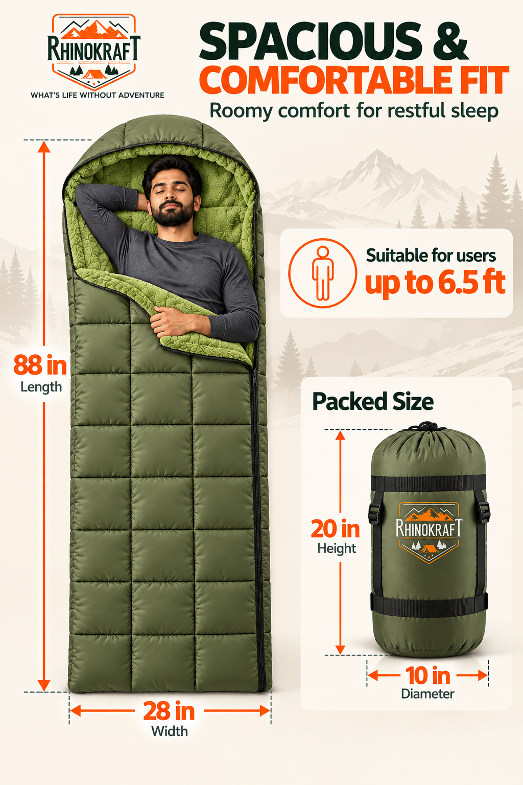 RhinoKraft Arctic Series Sleeping Bag for Adults | -10°C Winter Camping Sleeping Bag with Detachable Fur Liner | Heavy-Duty 3.2 kg Rectangular Design | Water-Resistant Butter Nylon | 6.5 ft Height Fit