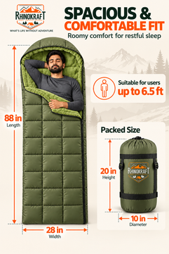 RhinoKraft Arctic Series Sleeping Bag for Adults | -10°C Winter Camping Sleeping Bag with Detachable Fur Liner | Heavy-Duty 3.2 kg Rectangular Design | Water-Resistant Butter Nylon | 6.5 ft Height Fit