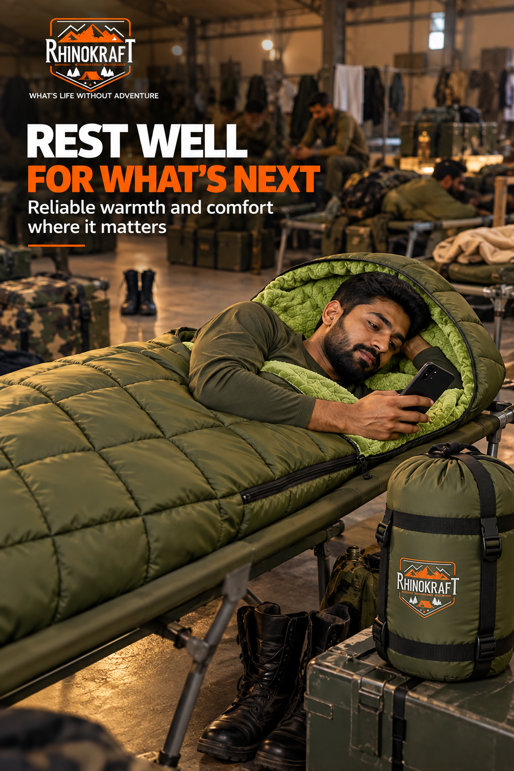 RhinoKraft Arctic Series Sleeping Bag for Adults | -10°C Winter Camping Sleeping Bag with Detachable Fur Liner | Heavy-Duty 3.2 kg Rectangular Design | Water-Resistant Butter Nylon | 6.5 ft Height Fit