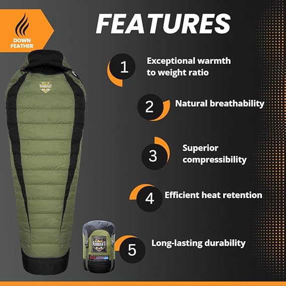 RhinoKraft -10 Degree Mummy Down Sleeping Bag for Adults | Lightweight with Compression Sack | RK-ALPY-OLIVE