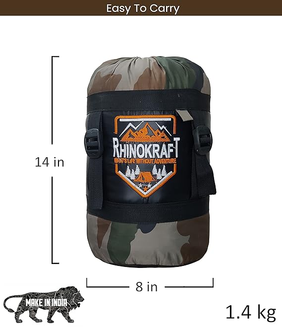 RhinoKraft Tactical | 10 Degree Celsius | 1.4 Kg Weight | Compressed Packing | Comfortable sleeping bag for Bikers, hikers and Trip Lover