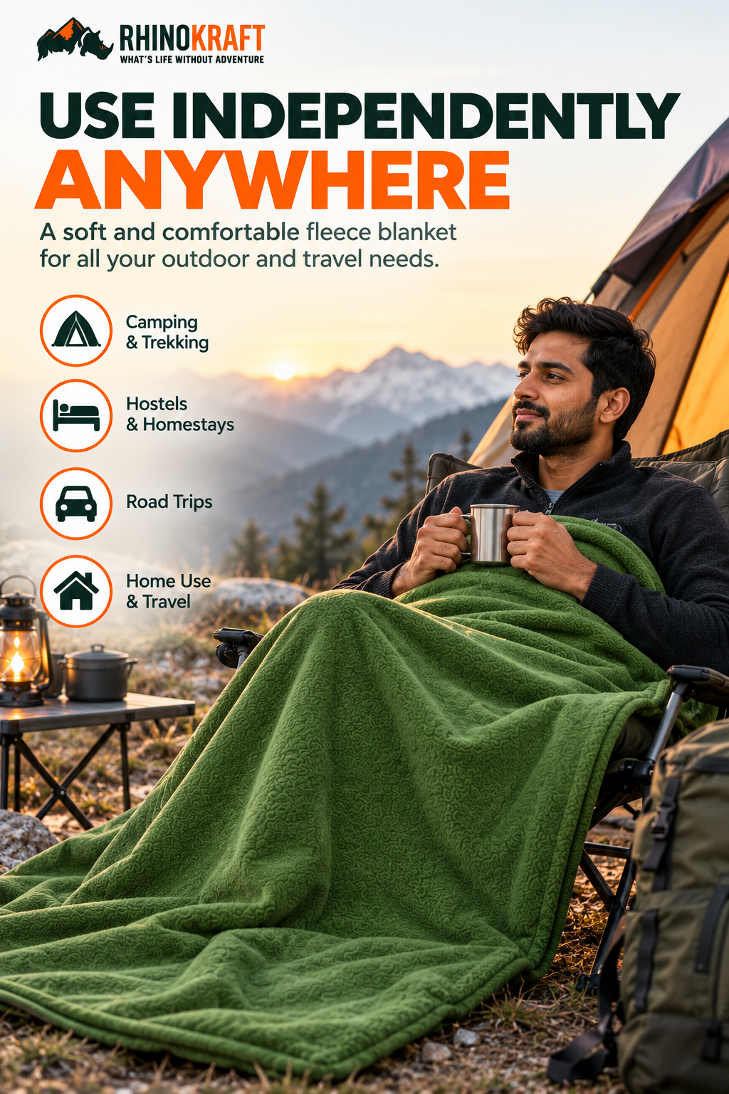 RhinoKraft Lightweight Compact Microfiber Fleece Sleeping Bag Liner 190 x 90cm / 75" x 35" Long Full Sized Zipper Outdoor Camping Blanket Travel Sheet for Sleepovers, Camping, Sporting Events