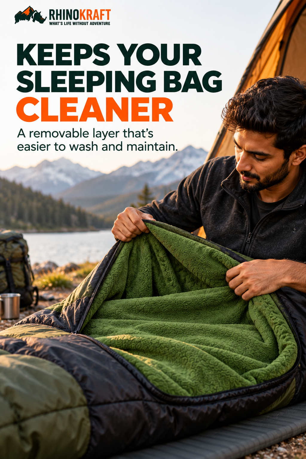 RhinoKraft Lightweight Compact Microfiber Fleece Sleeping Bag Liner 190 x 90cm / 75" x 35" Long Full Sized Zipper Outdoor Camping Blanket Travel Sheet for Sleepovers, Camping, Sporting Events