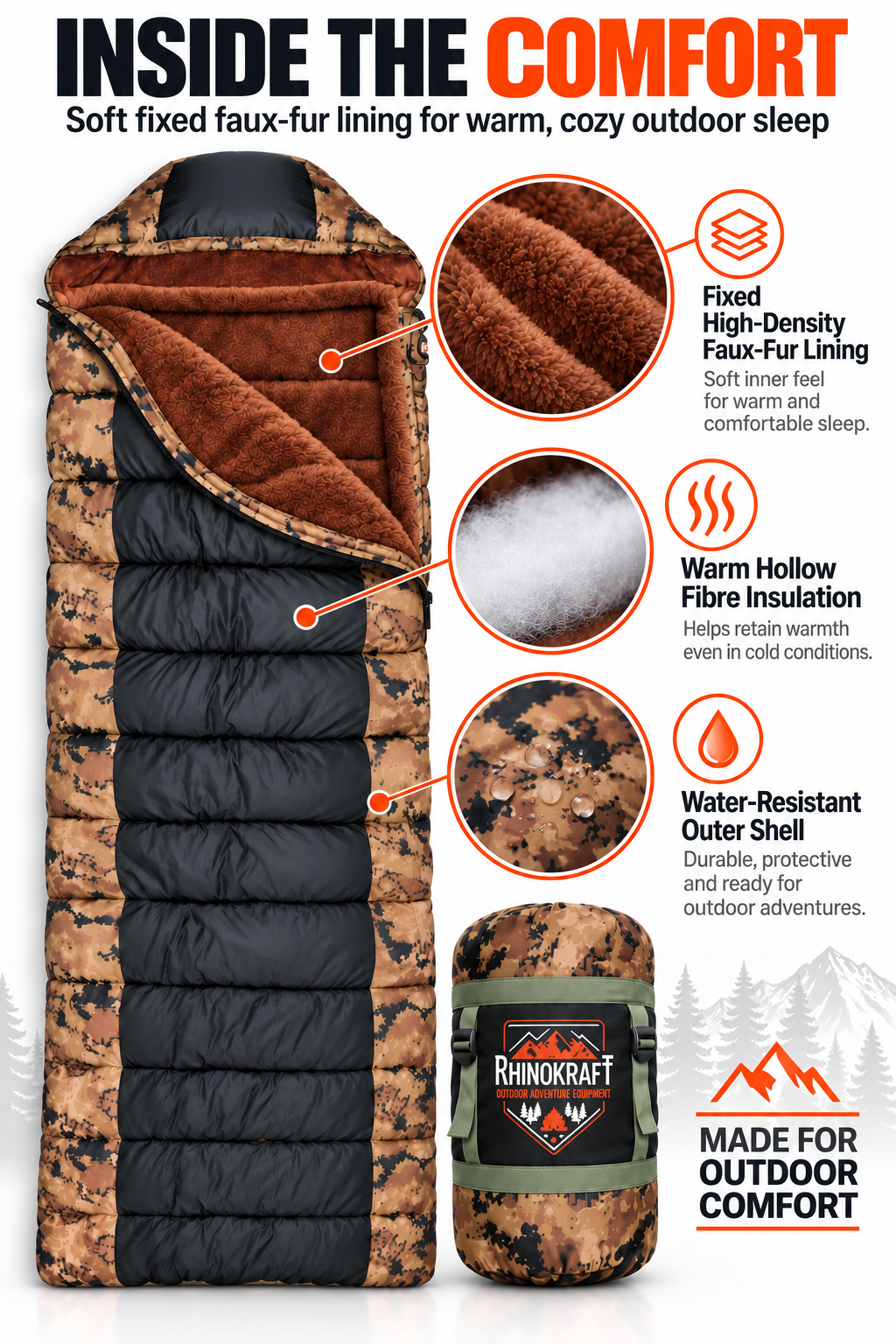 RhinoKraft -10 Degree Sleeping Bag for Adult | Soft Fur Lining | Extra Large Size | 2.4 Kg Weight | Soft and Warm Sleeping Bag for Adventure | Camping, Trekking and Outdoor Activity RK-PYRAMID