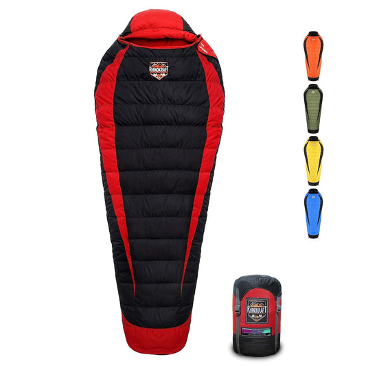 RhinoKraft -10 Degree Mummy Down Sleeping Bag for Adults | Lightweight with Compression Sack | RK-ALPY-RED