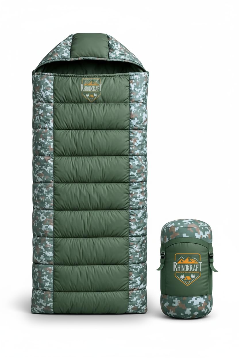 RhinoKraft -10 Degree Sleeping Bag for Adult | Soft Fur Lining | Extra Large Size | 2.4 Kg Weight | Soft and Warm Sleeping Bag for Adventure | Camping, Trekking and Outdoor Activity RK-PYRAMID-OLIVE