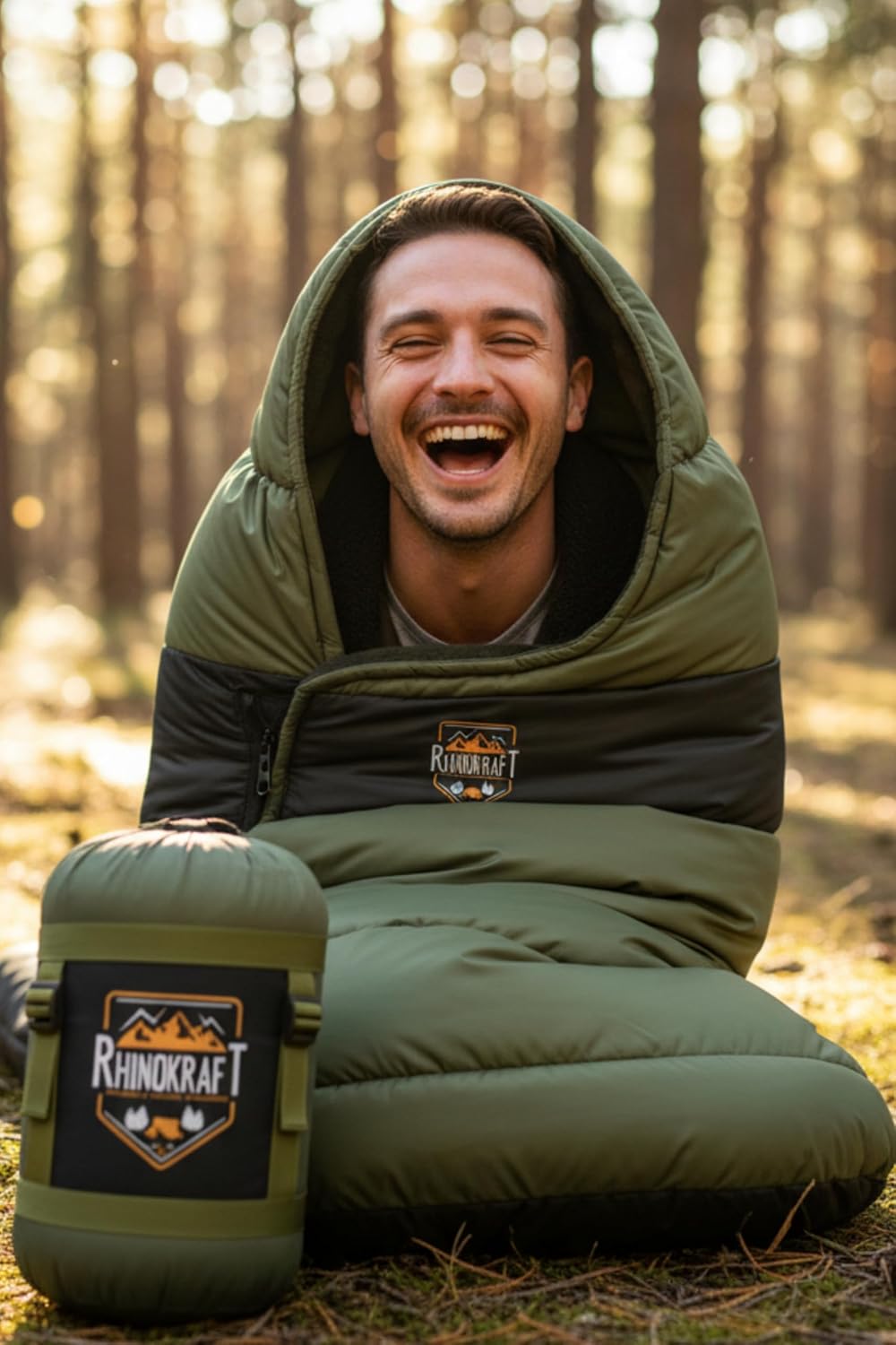 RhinoKraft Rectangular Sleeping Bag with Pillow | Lightweight, Waterproof, Compact for Camping, Trekking, Travel | Comfort Temp 0°C to 18°C | Includes Carry Bag