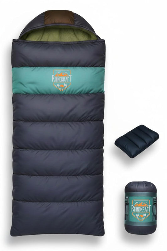 RhinoKraft Rectangular Sleeping Bag with Pillow | Lightweight, Waterproof, Compact for Camping, Trekking, Travel | Comfort Temp 0°C to 18°C | Includes Carry Bag