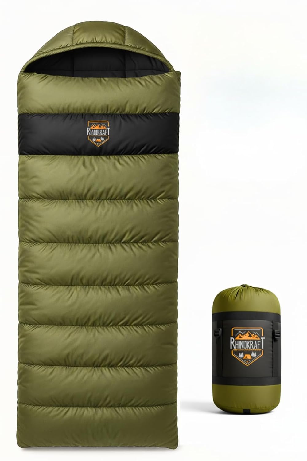 RhinoKraft Sleeping Bag for Adults | Fits Up to 6.5ft | Waterproof, Anti-Pill Fleece, Hollow Fiber Fill | 0°C to 18°C | Hood, Travel Pillow & Compression Sack | for Camping, Trekking & Hiking
