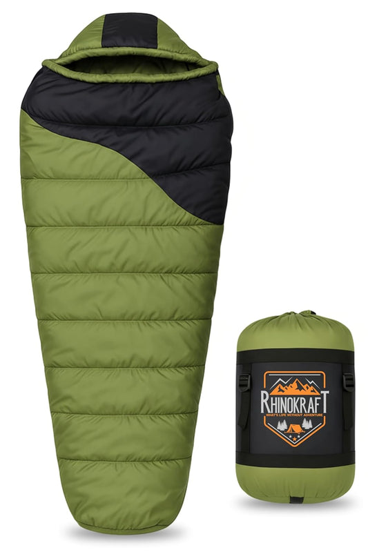 RhinoKraft Olive Mummy Sleeping Bag | 10 To 20 °C Lightweight 1.8 kg | Oversized 86″×30″ | Tall-Friendly Fit for Camping, Trekking & Biking
