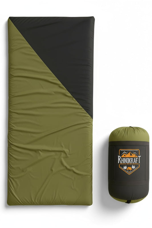RhinoKraft Spartan Olive Rectangular Sleeping Bag | Lightweight 1.3 kg | Comfort 12 °Celcius | Durable Nylon & Reliance Fibre | Packable for Camping, Biking & Trekking