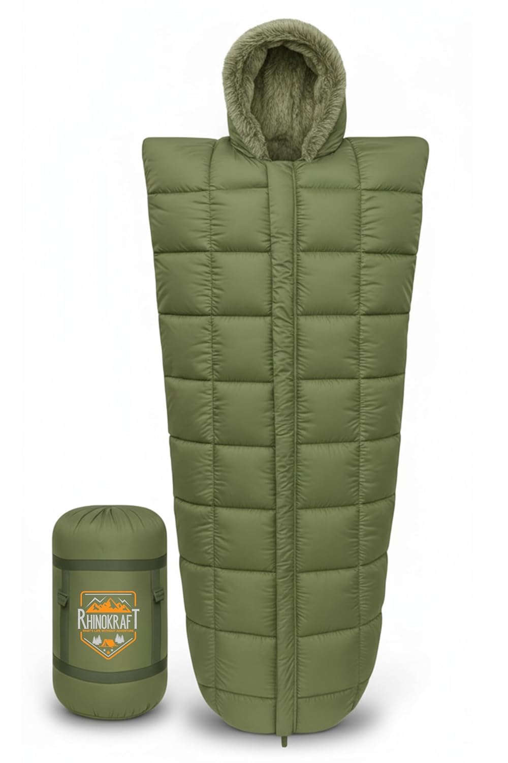 RhinoKraft Arctic Series Mummy Sleeping Bag for Adults | –10°C Winter Camping Sleeping Bag for Men & Women | Detachable Washable Fur Liner | Heavy-Duty 3.2 kg 6.5 Ft Tall | Water-Resistant Fabric