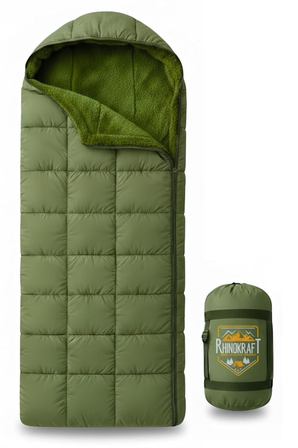 RhinoKraft Arctic Series Sleeping Bag for Adults | -10°C Winter Camping Sleeping Bag with Detachable Fur Liner | Heavy-Duty 3.2 kg Rectangular Design | Water-Resistant Butter Nylon | 6.5 ft Height Fit