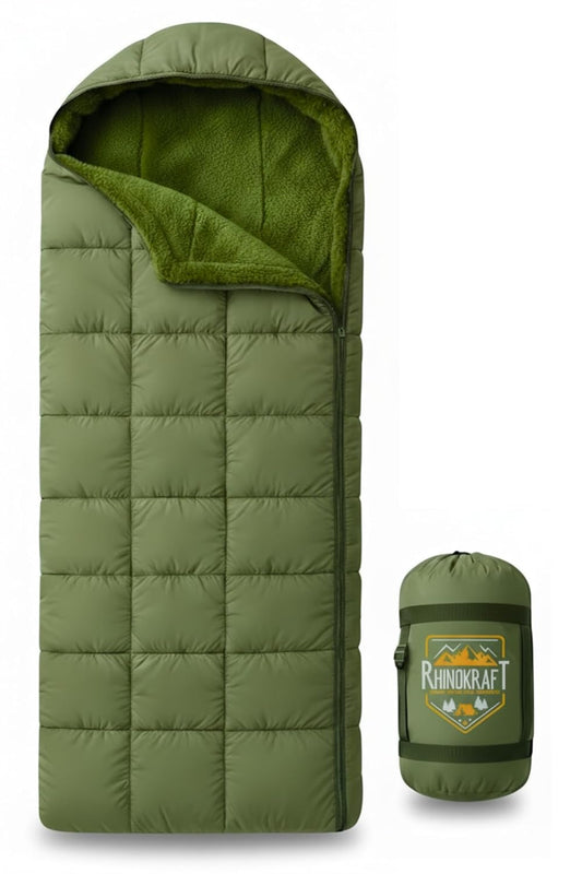 RhinoKraft Arctic Series Sleeping Bag for Adults | -10°C Winter Camping Sleeping Bag with Detachable Fur Liner | Heavy-Duty 3.2 kg Rectangular Design | Water-Resistant Butter Nylon | 6.5 ft Height Fit