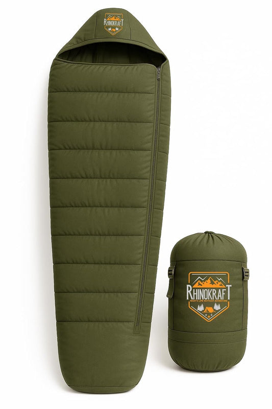 RhinoKraft Phantom Mummy Sleeping Bag | Detachable Suede-Lined Interior | Rugged TPU Shell for Extreme Durability | Fits Up to 7ft Tall | 2.9 kg Dark Olive Army-Grade Gear for Camping & Trekking