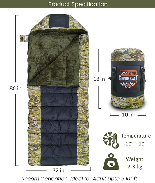 RhinoKraft -10 Degree Sleeping Bag for Adult | Soft Fur Lining | Extra Large Size | 2.4 Kg Weight | Soft and Warm Sleeping Bag for Adventure | Camping, Trekking and Outdoor Activity RK-PYRAMID-YLW