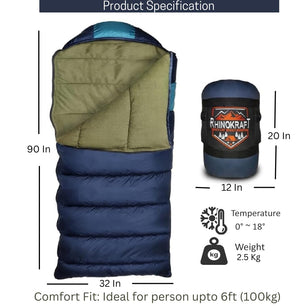 RhinoKraft Plus Size Zero Degree Envelope Sleeping Bag for Adults for Mild to Harsh Winter RK-BHEEM-BLU