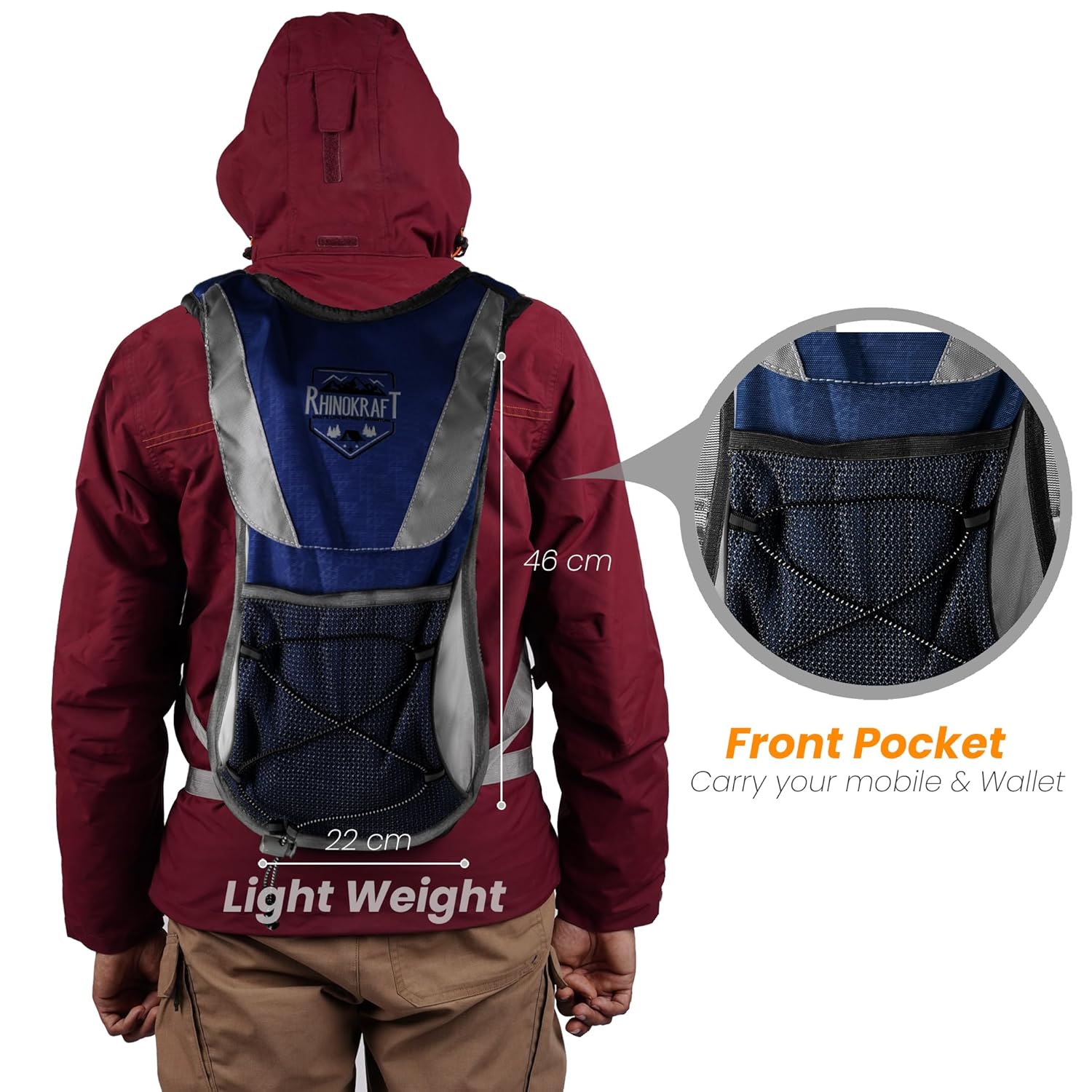 RhinoKraft Ultralight Hydration Pack for Outdoor Adventures - Lightweight, Easy-to-Use, and Secure Front Compartment - Stay Hydrated and Hassle-Free! RK-HYD-T-BLU