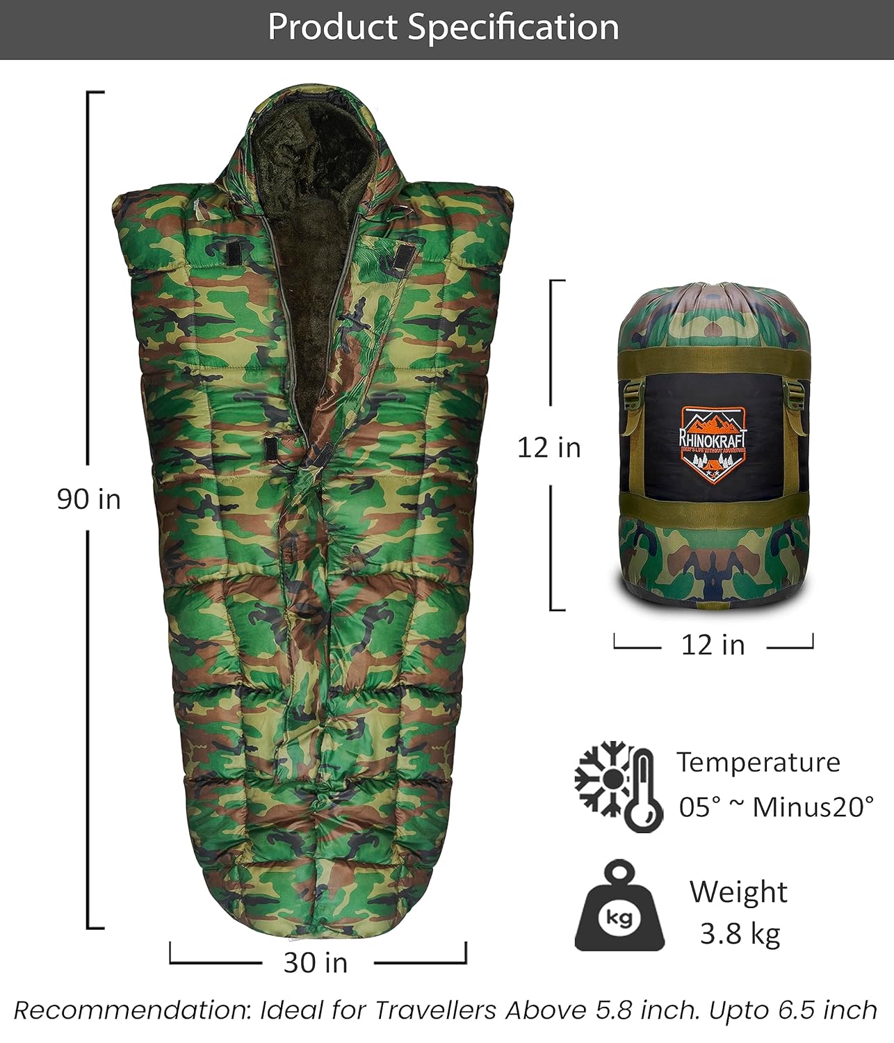 RhinoKraft Warriors Navy Blue Sleeping Bag ! Detachable Inner Liner ! 6 Layers ! Extra Large Size for Temp -20c ! 6.5 Ft RK-WARRIOR-CAMO