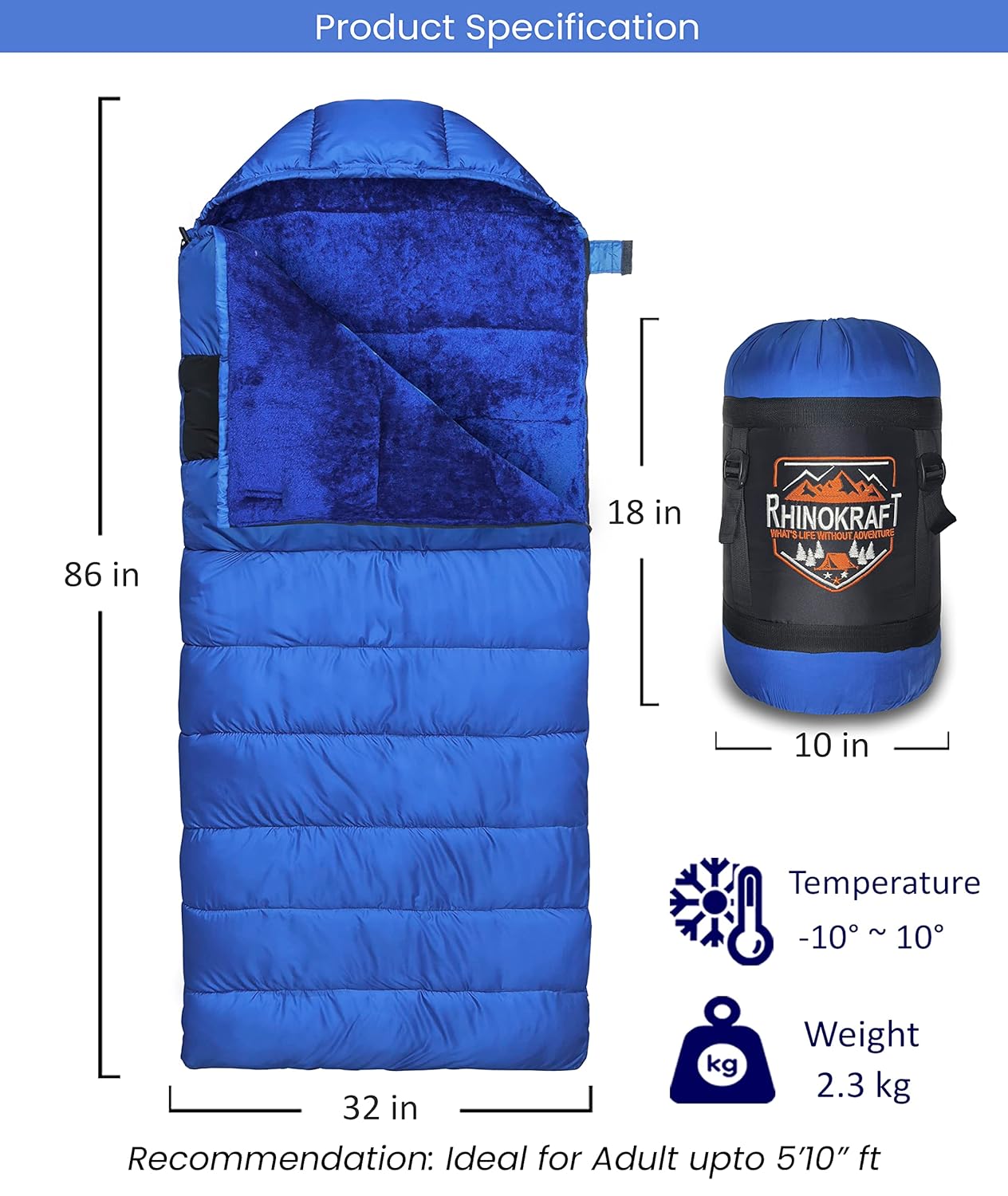 RhinoKraft -10 Degree Sleeping Bag | Soft Fur Lining | Extra Large Size | 2.4 Kg Weight |RK-BLUFUR