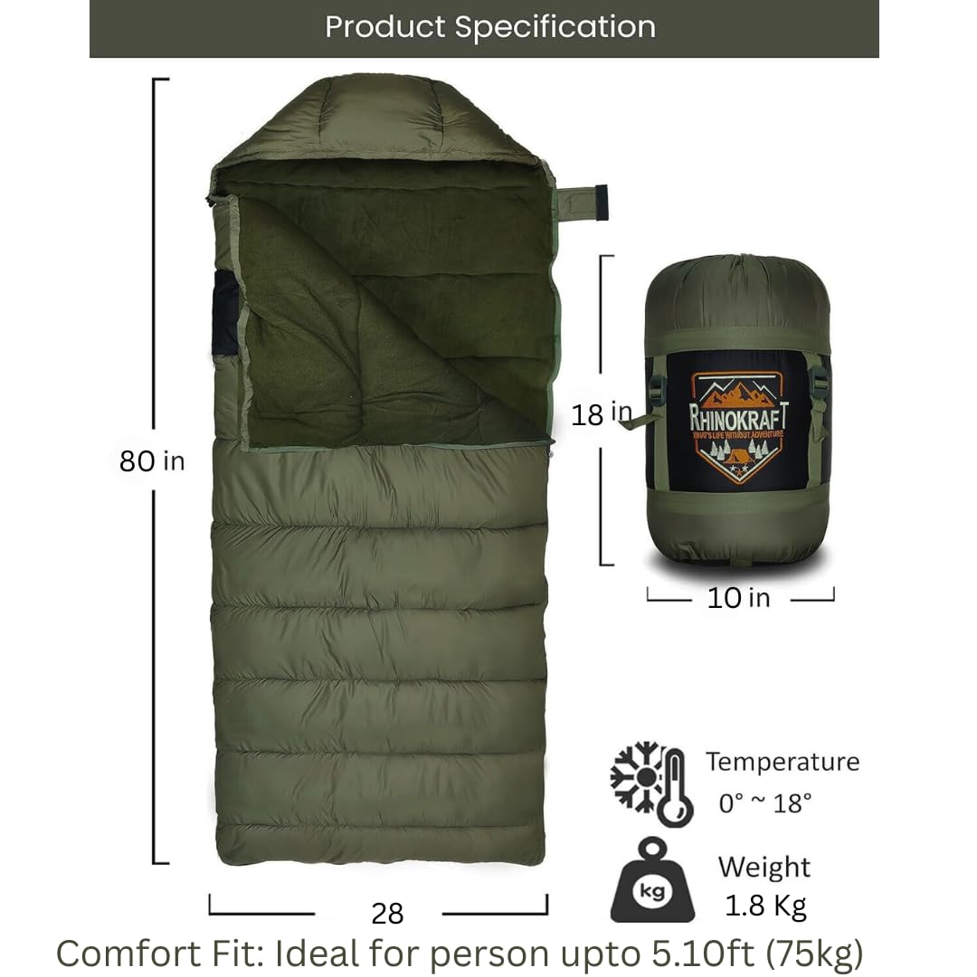 RhinoKraft Ultra-Light Zero Degree Envelope Sleeping Bag for Adults for Mild to Harsh Winter RK-ICE-OLIVE