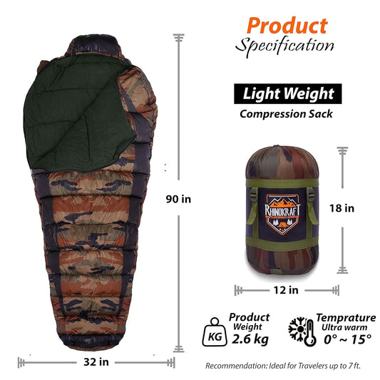 RhinoKraft Rider Mummy Shape Extra Large Size Sleeping Bag for Adults | Temp 0 to 15°C for Camping and Trekking for Winter | 2.6 Kg | Free Compression Sack | Great for Army Personnel