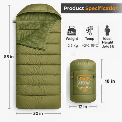 RhinoKraft -10 Degree | Soft Fur Lining | Extra Large Size | 2.4 Kg Weight | Soft and Warm Sleeping Bag for Adventure | Camping, Trekking and Outdoor Activity