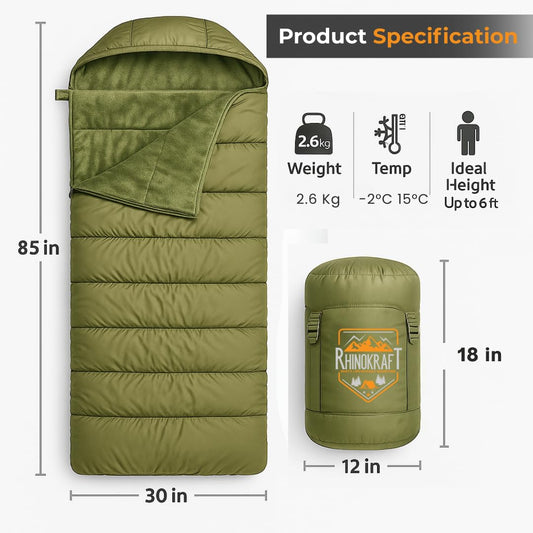 RhinoKraft -10 Degree | Soft Fur Lining | Extra Large Size | 2.4 Kg Weight | Soft and Warm Sleeping Bag for Adventure | Camping, Trekking and Outdoor Activity