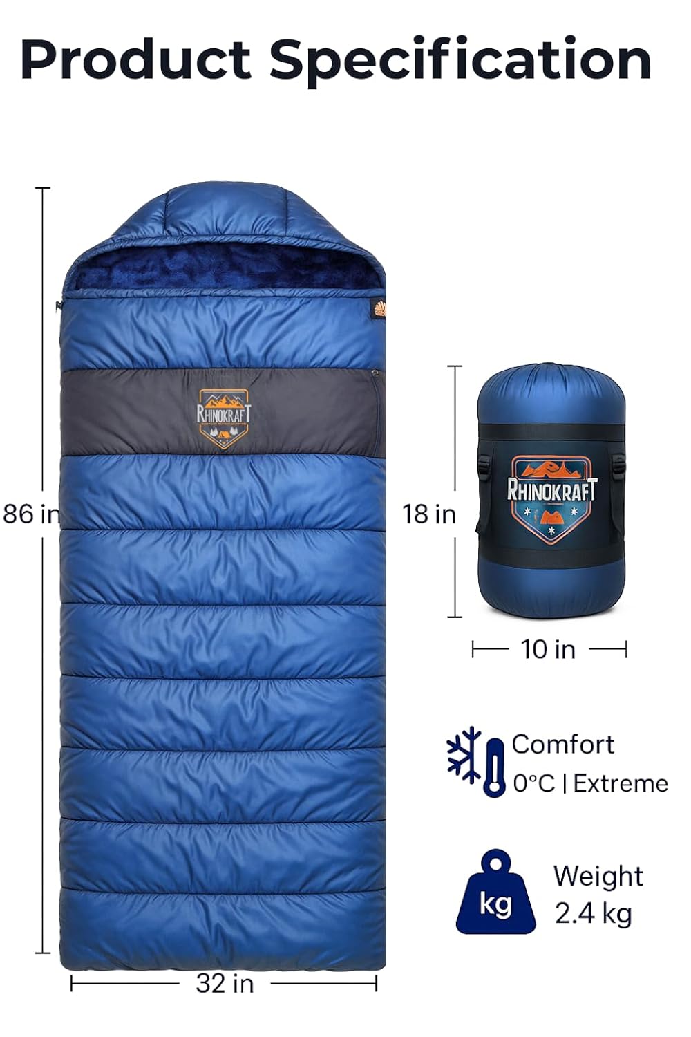 RhinoKraft -10 Degree Sleeping Bag | Soft Fur Lining | Extra Large Size | 2.4 Kg Weight |RK-BLUFUR
