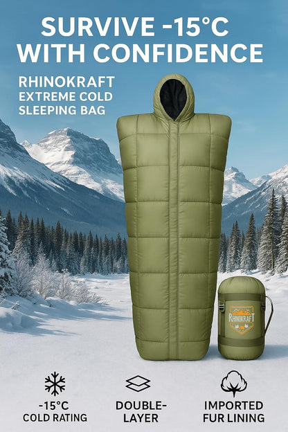 RhinoKraft Minus 15 Degree Sleeping Bag - Military-Grade, 9ft, Double-Layered | Heavy-Duty Winter Gear for Army & Defence | Rated for 0°C to -15°C, 4kg