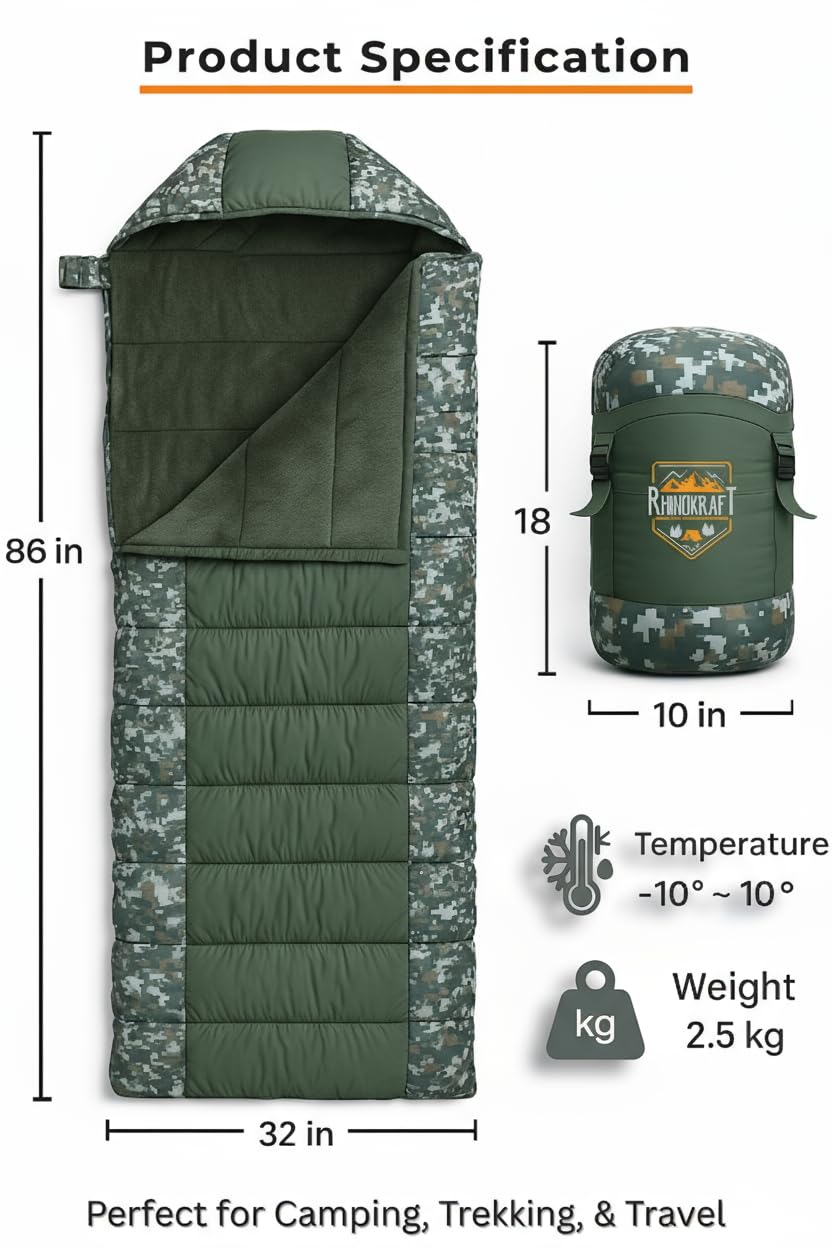 RhinoKraft -10 Degree Sleeping Bag for Adult | Soft Fur Lining | Extra Large Size | 2.4 Kg Weight | Soft and Warm Sleeping Bag for Adventure | Camping, Trekking and Outdoor Activity RK-PYRAMID-OLIVE