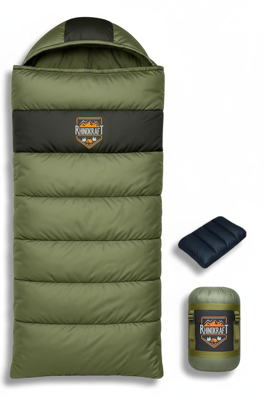 RhinoKraft Rectangular Sleeping Bag with Pillow | Lightweight, Waterproof, Compact for Camping, Trekking, Travel | Comfort Temp 0°C to 18°C | Includes Carry Bag
