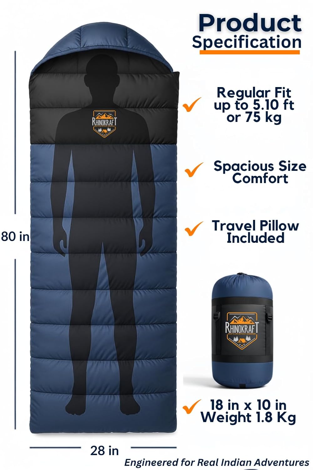 RhinoKraft Rectangular Sleeping Bag with Pillow | Lightweight, Waterproof, Compact for Camping, Trekking, Travel | Comfort Temp 0°C to 18°C | Includes Carry Bag