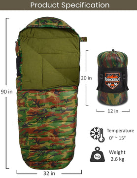 RhinoKraft Extra Large Size Army Sleeping Bag for Adults, Military Design, Weigh 2.6 Kg for Trekking, Travelling and Camping! Free Compression Sack