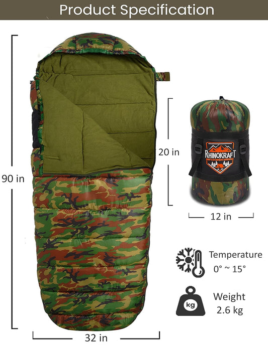 RhinoKraft Extra Large Size Army Sleeping Bag for Adults, Military Design, Weigh 2.6 Kg for Trekking, Travelling and Camping! Free Compression Sack + Travel Pillow