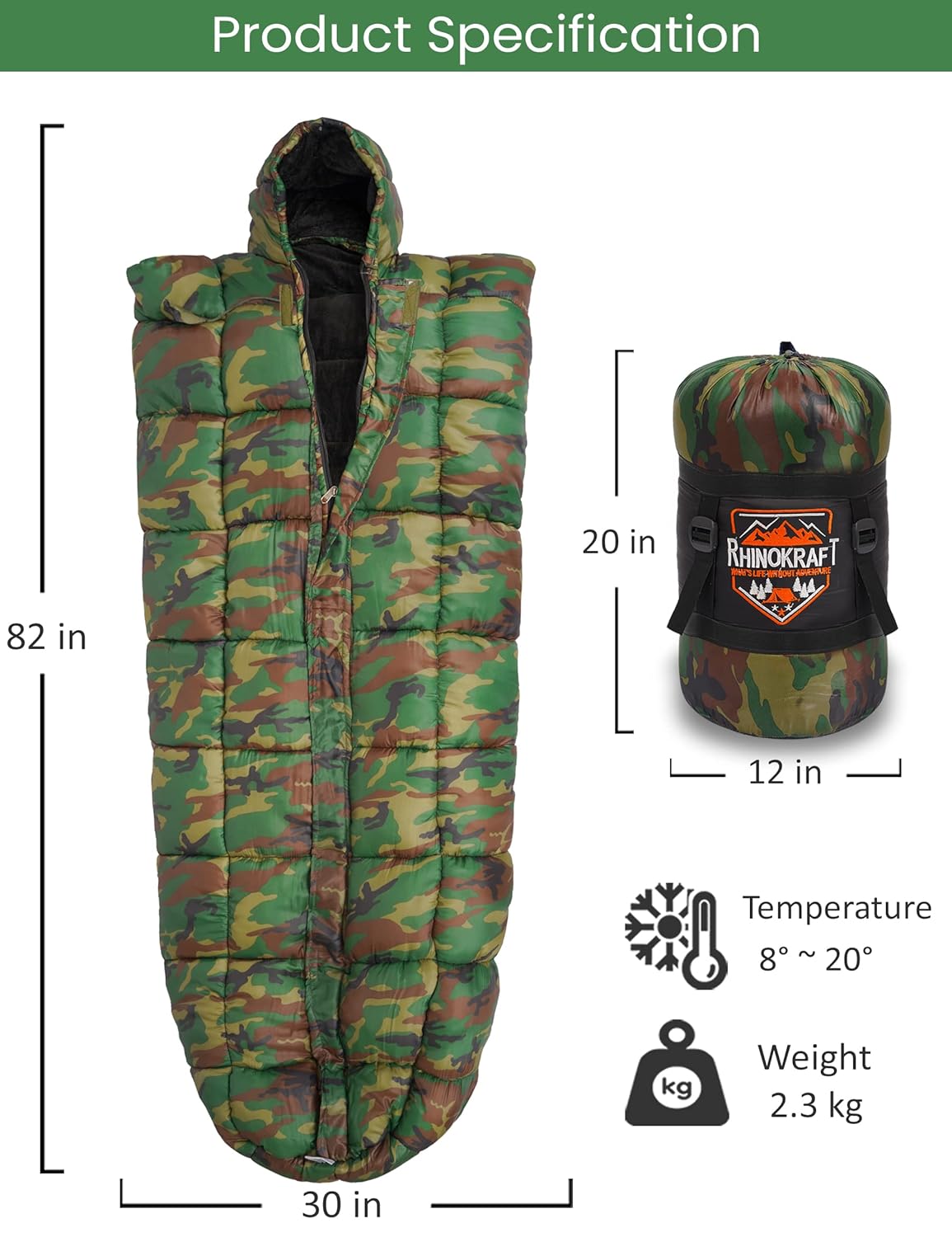 RhinoKraft Military Design | Mummy Shape | 8 to 20 Degree Celsius | 2.3 Kg Weight | Sleeping Bag for Adults | for Trekking, Camping and Outdoor Adventure