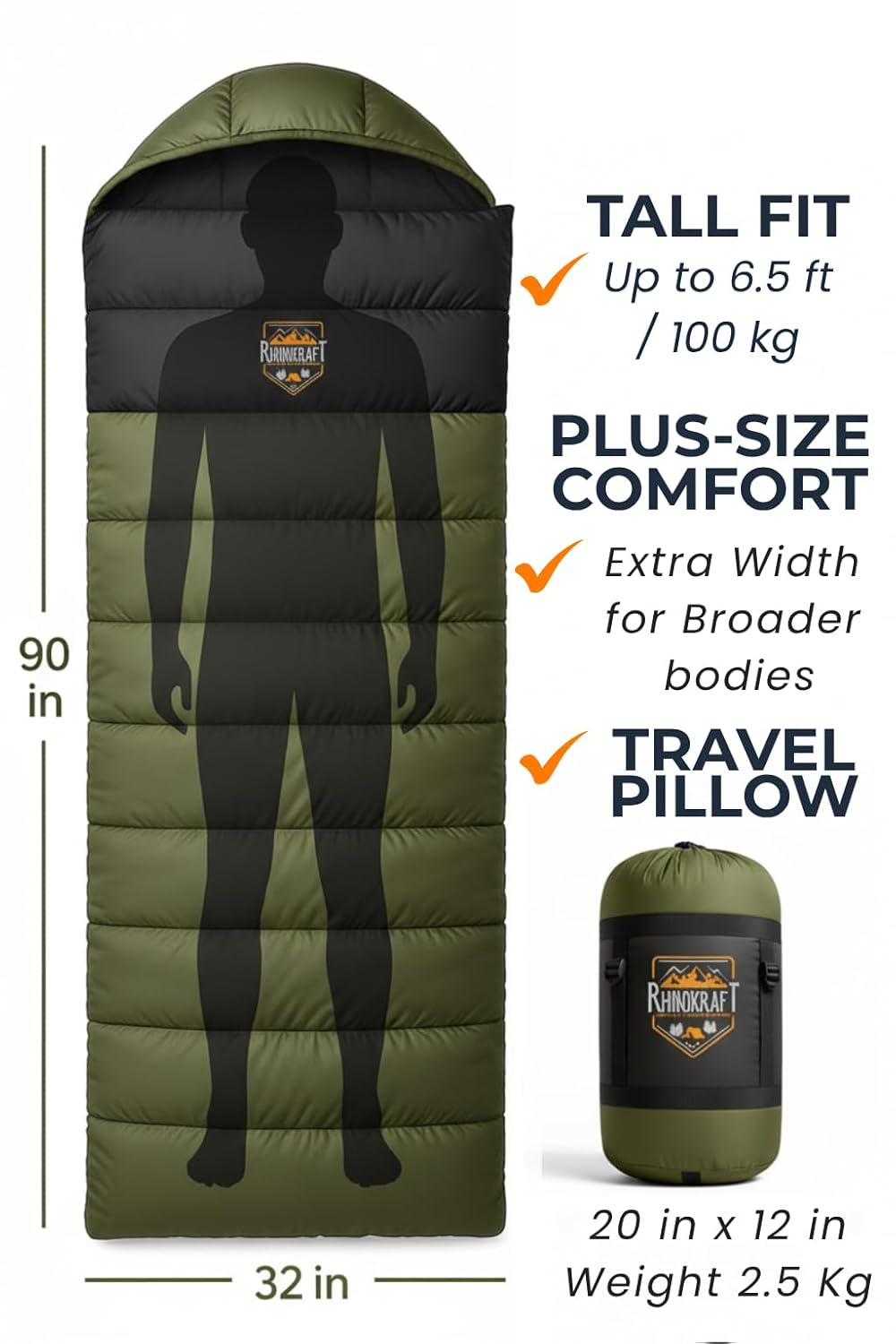 RhinoKraft Sleeping Bag for Adults | Fits Up to 6.5ft | Waterproof, Anti-Pill Fleece, Hollow Fiber Fill | 0°C to 18°C | Hood, Travel Pillow & Compression Sack | for Camping, Trekking & Hiking