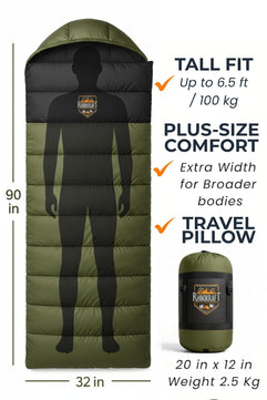 RhinoKraft Sleeping Bag for Adults | Fits Up to 6.5ft | Waterproof, Anti-Pill Fleece, Hollow Fiber Fill | 0°C to 18°C | Hood, Travel Pillow & Compression Sack | for Camping, Trekking & Hiking