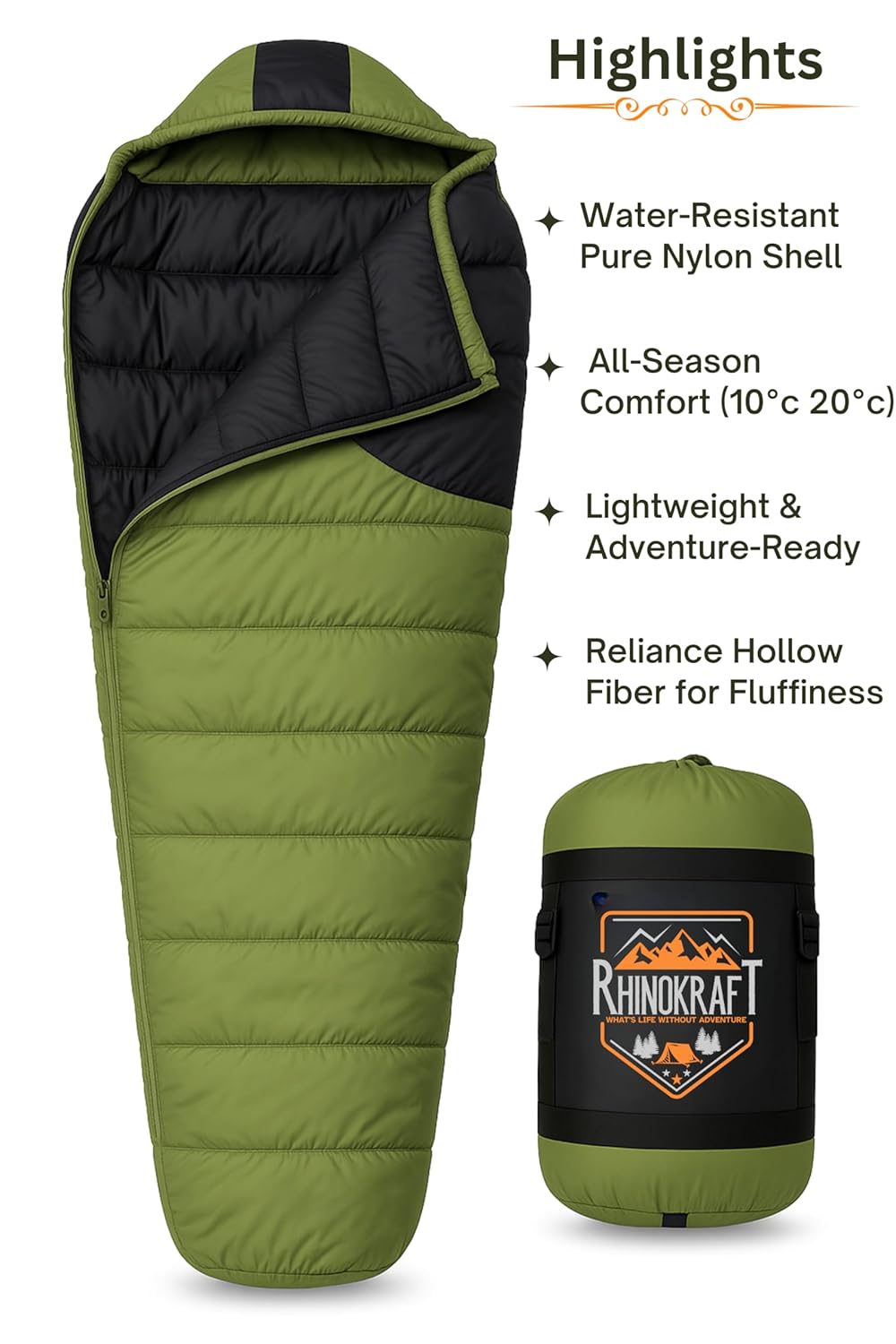 RhinoKraft Olive Mummy Sleeping Bag | 10 To 20 °C Lightweight 1.8 kg | Oversized 86″×30″ | Tall-Friendly Fit for Camping, Trekking & Biking